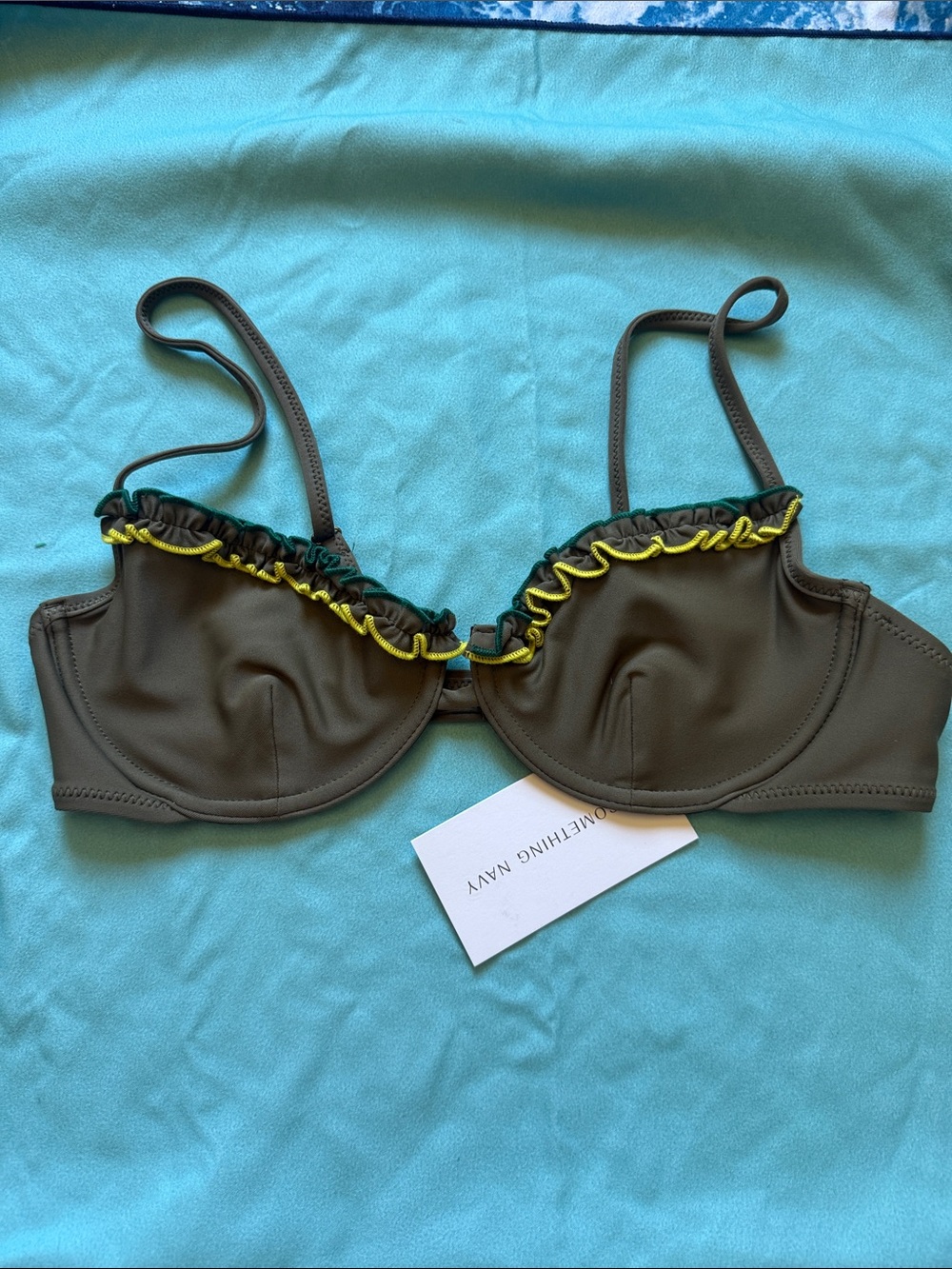 Something Navy Olive Swim Top with Yellow Ruffle Trim NWT